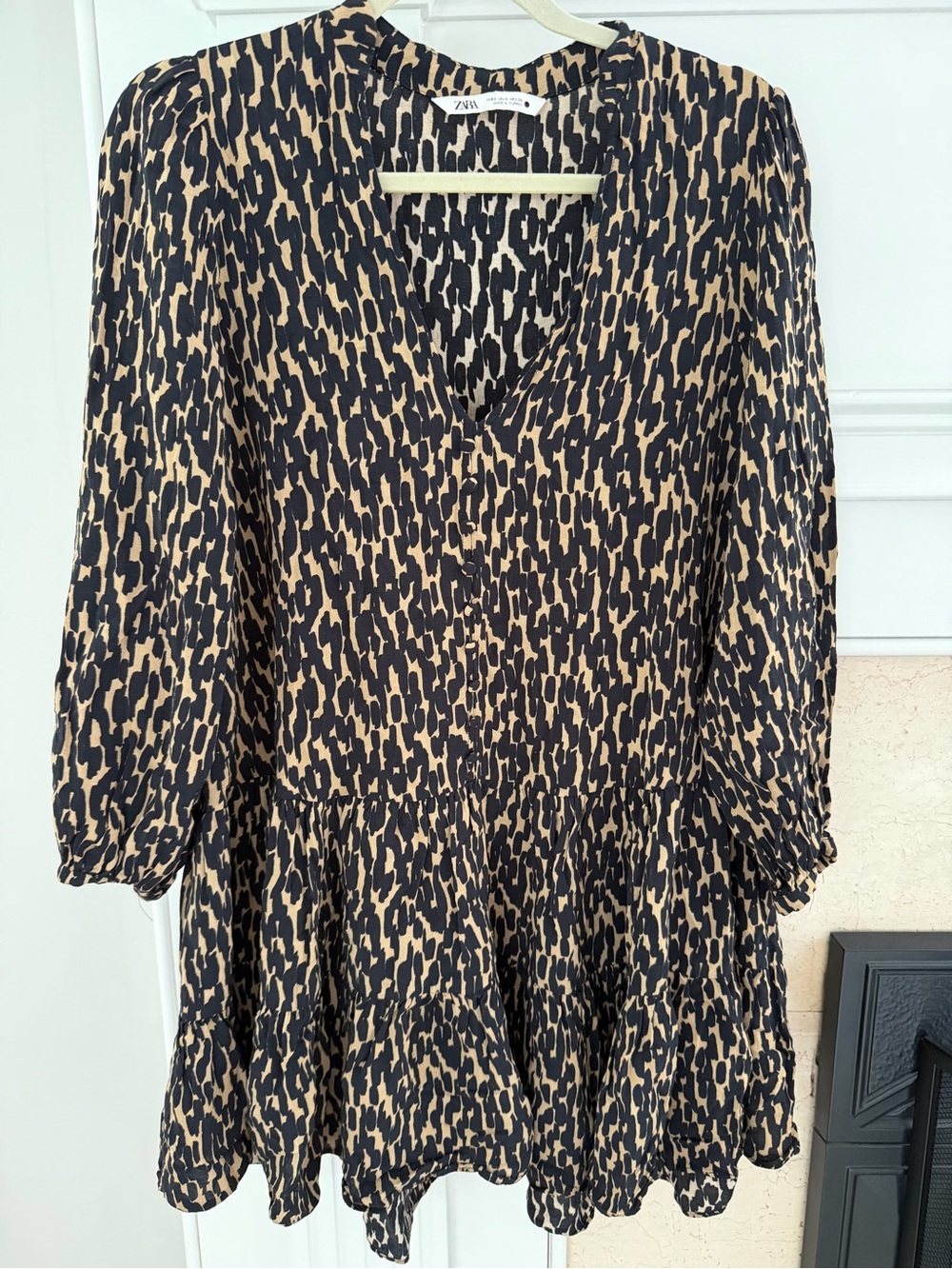 Zara Animal Leopard Print V-Neck Fall Neutral Tiered Western Mini Dress